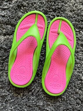 Crocs flip flops Lime Green & Pink- Size 8